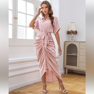 BTFBM Elegant Satin Button Down Short Sleeve Maxi Shirt Dress with Belt Small